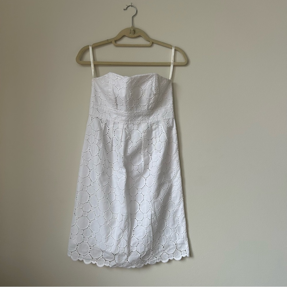Shoshanna White Eyelet Dress Mini Strapless Scalloped Bridal Size 2 Preppy Short